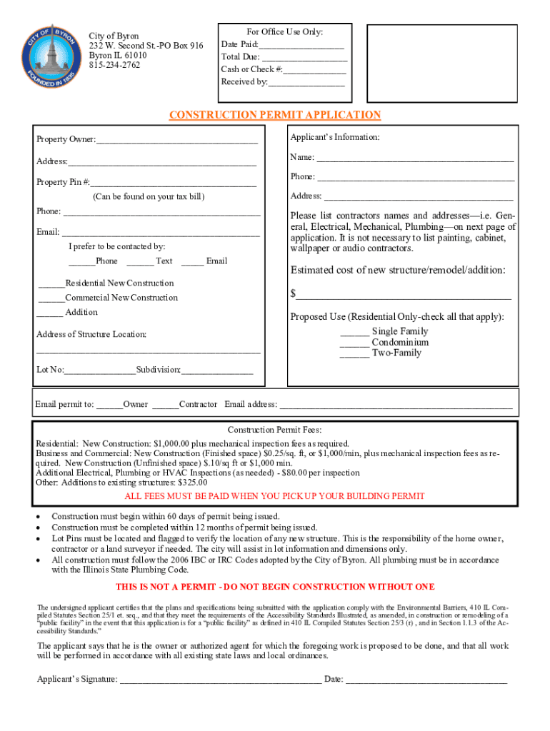 Construction Permit Application Byron, IL  Form