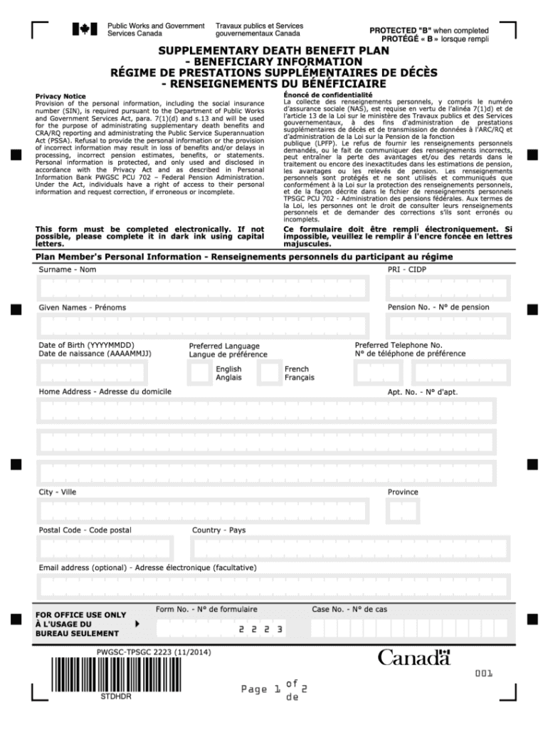 PWGSC TPSGC 2223 Supplementary Death Benefit Plan Beneficiary Information 2223 PDF