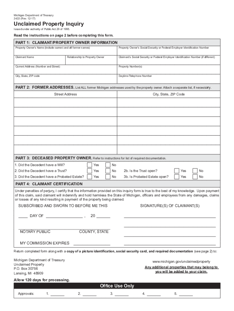 3433, Unclaimed Property Inquiry  Form