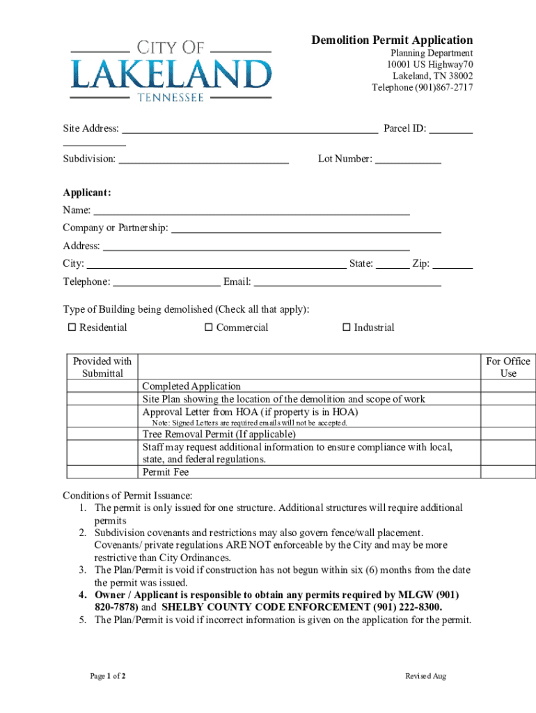 Tn Lakeland Civicplus ComDocumentCenterViewDemolition Permit Application Tn Lakeland Civicplus Com  Form