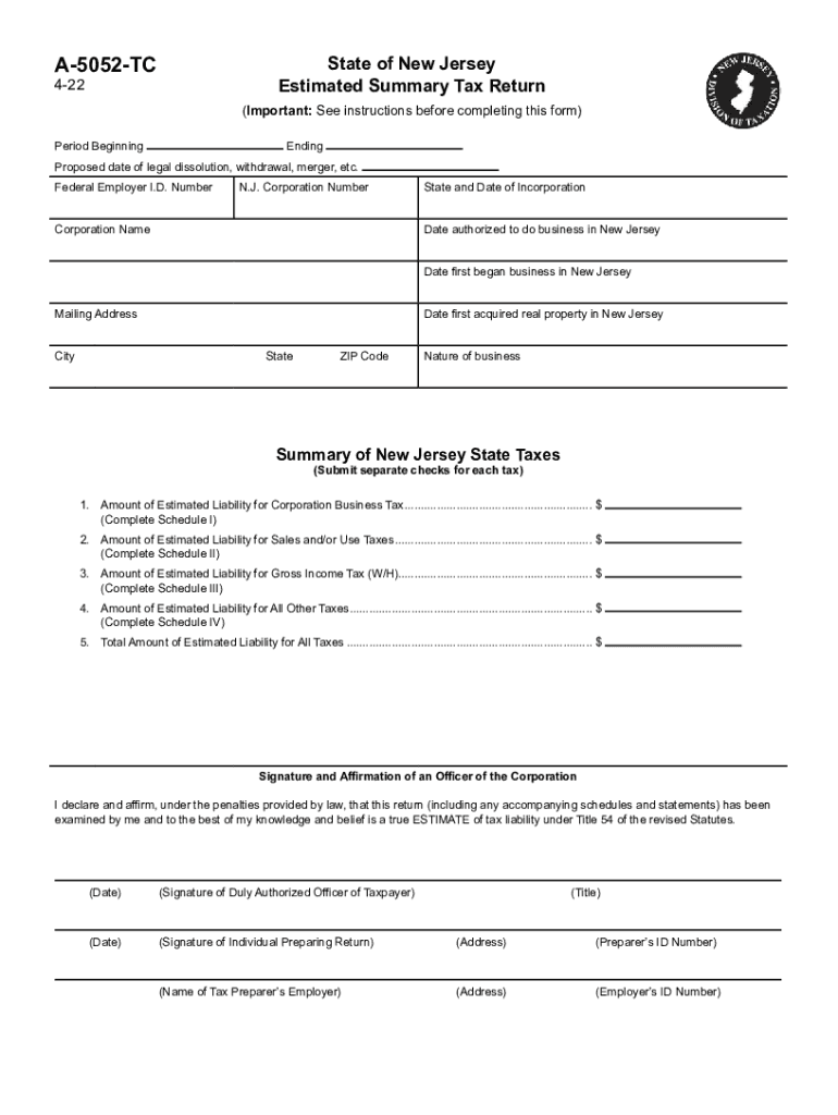  Www Taxformfinder Orgnewjerseyform a 5052 TcNew Jersey Form a 5052 TC Estimated Summary Tax Return 2022-2024