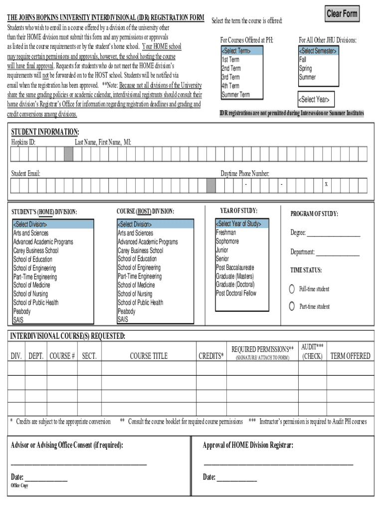 Interdivisional Registration IDROffice of TheInterdivisional Registration IDROffice of TheRegistration Johns Hopkins Advanced Ac  Form