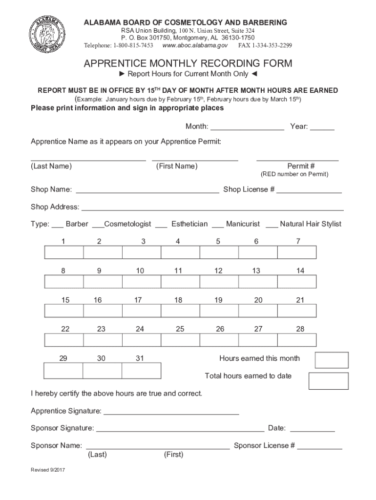  APPRENTICE MONTHLY RECORDING FORM 2017-2024