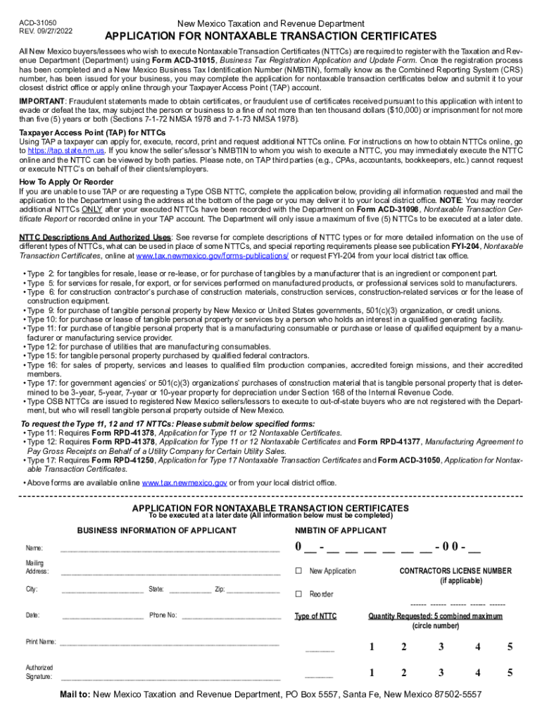  APPLICATION for NONTAXABLE TRANSACTION CERTIFICATES 2022-2024