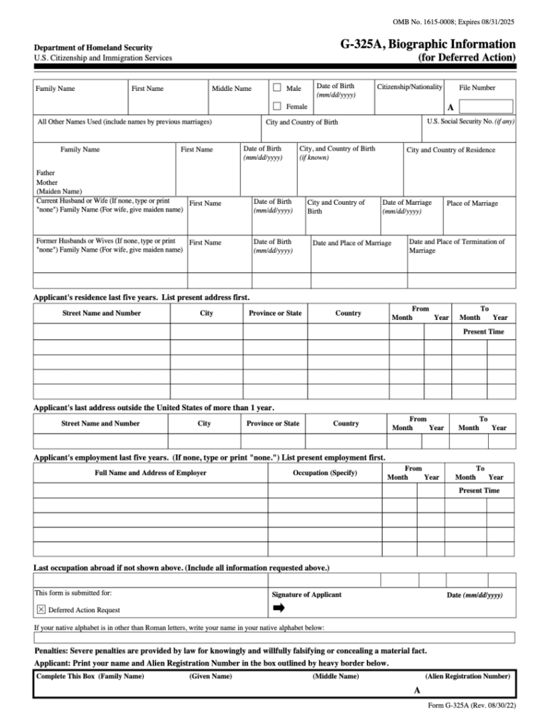 Form G 325A, Biographic Information for Deferred Action Biographic Information