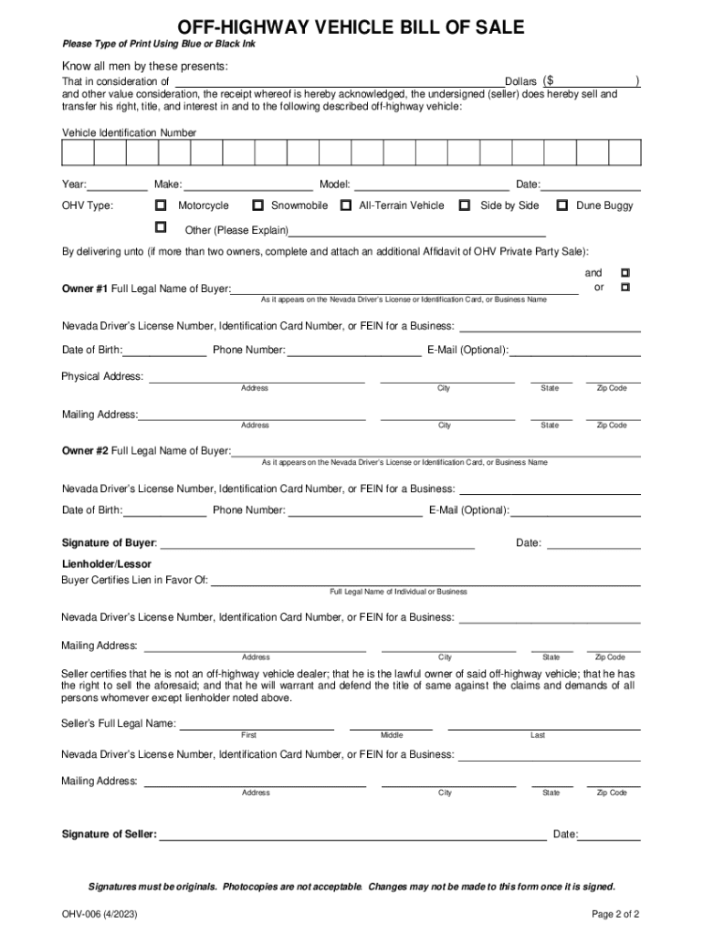 Off HIGHWAY VEHICLE BILL of SALE  Form