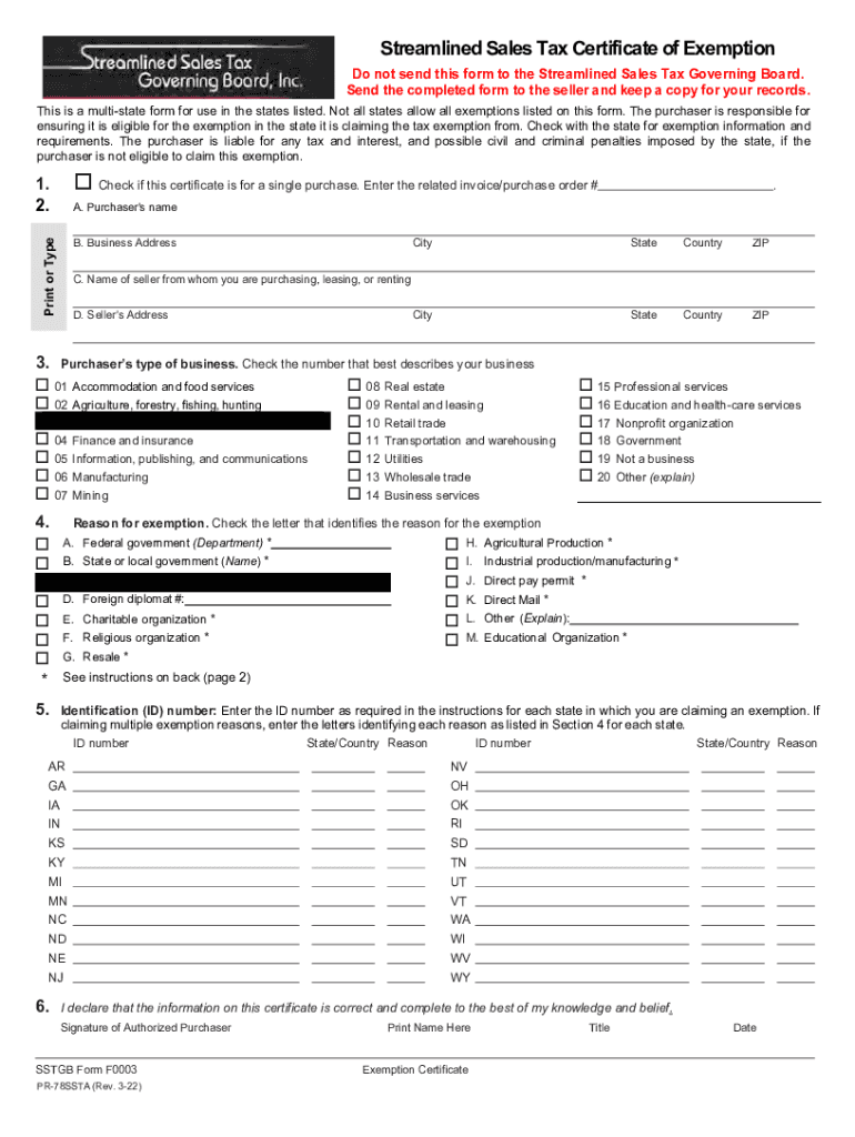 PR 78SSTA Streamlined Sales &amp;amp; Use Tax Agreement Certificate of  Form