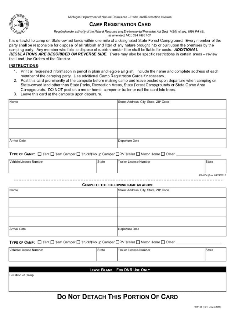  CAMP REGISTRATION CARD Michigan Department of Natural 2018-2024