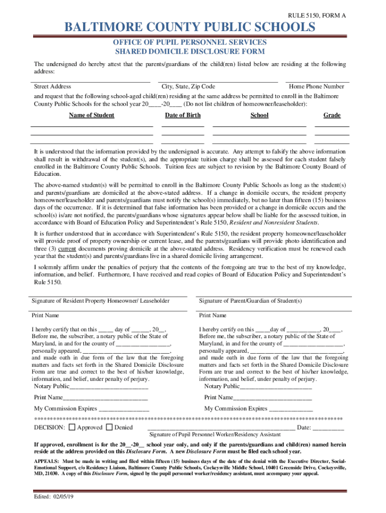 RULE 5150, FORM BALTIMORE COUNTY PUBLIC SCHOOLS of