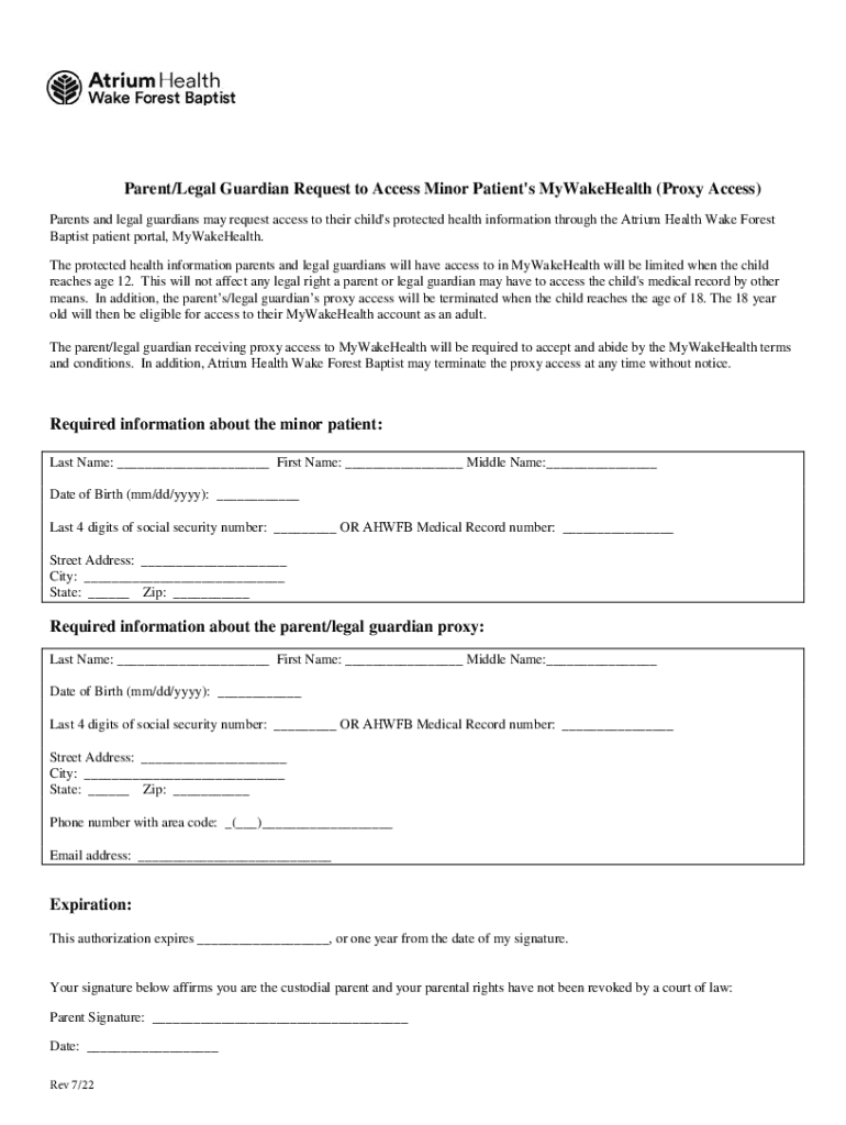 Cdn Atriumhealth Org MediaParentLegal Guardian Request to Access Minor Patient&#039;s  Form