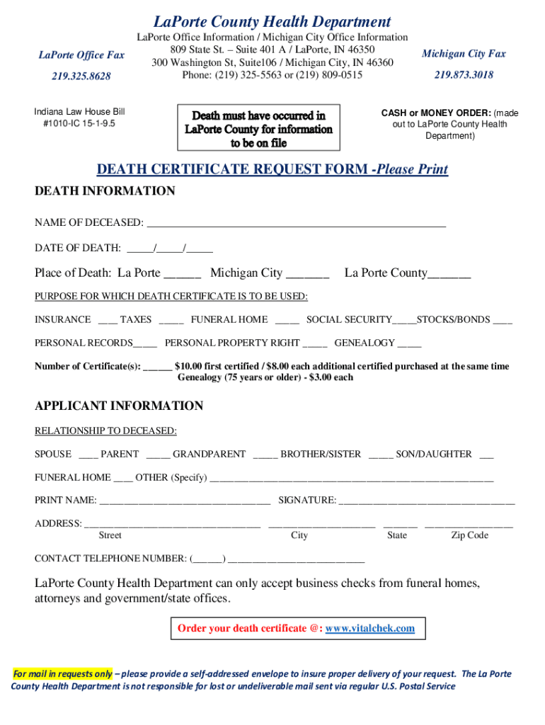 Laporte County Health Department La Porte, in Address and Phone  Form