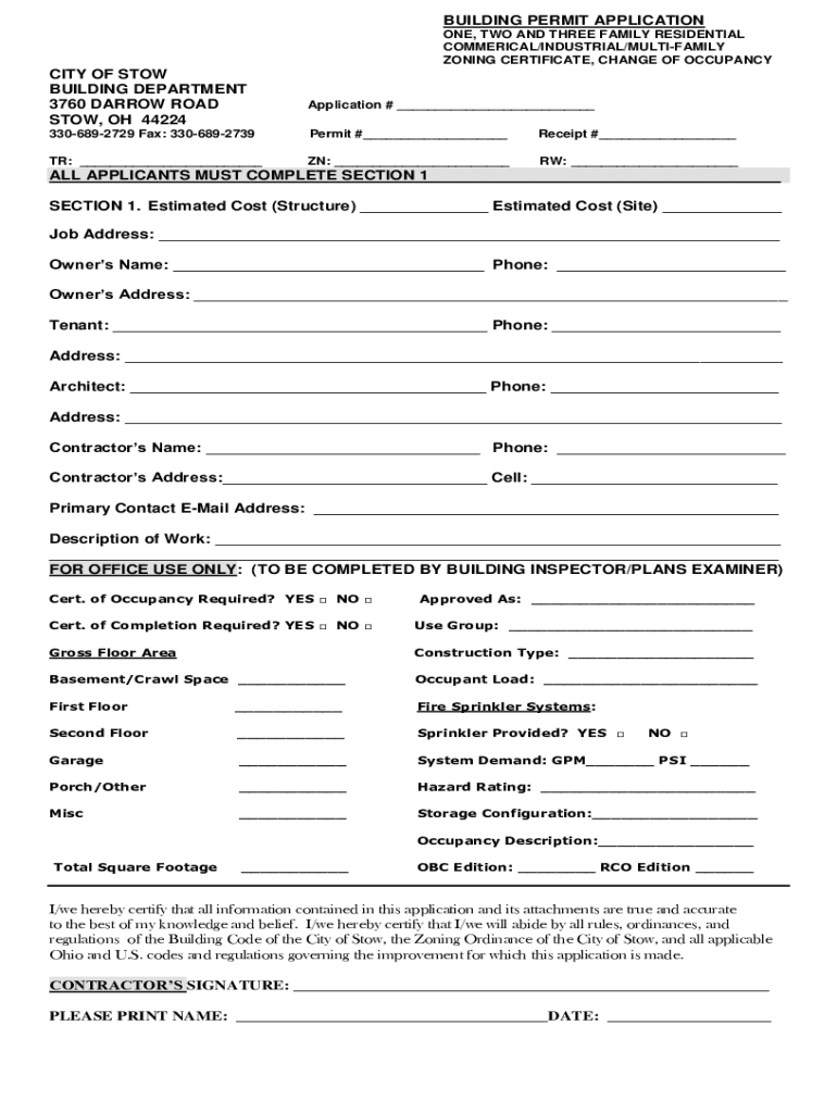 Stowohio OrgBuilding Permit Application PDFCOMMERICALINDUSTRIALMULTI FAMILY ZONING CERTIFICATE  Form