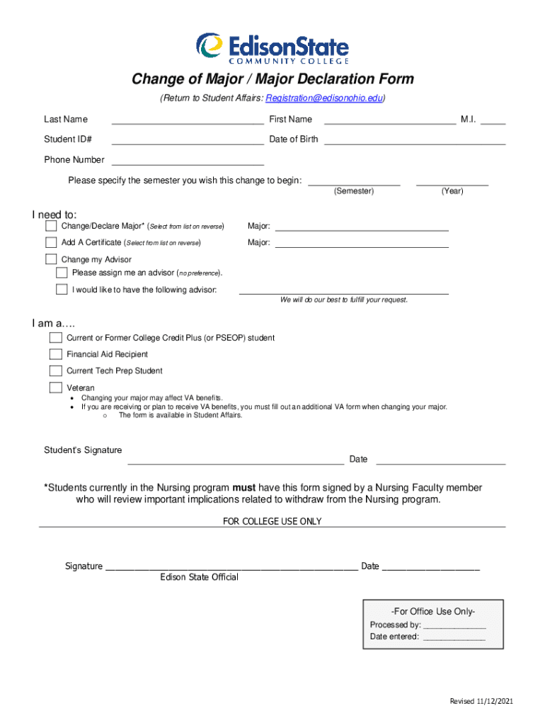  Change of Major Major Declaration Form Edison State Community College 2021-2024