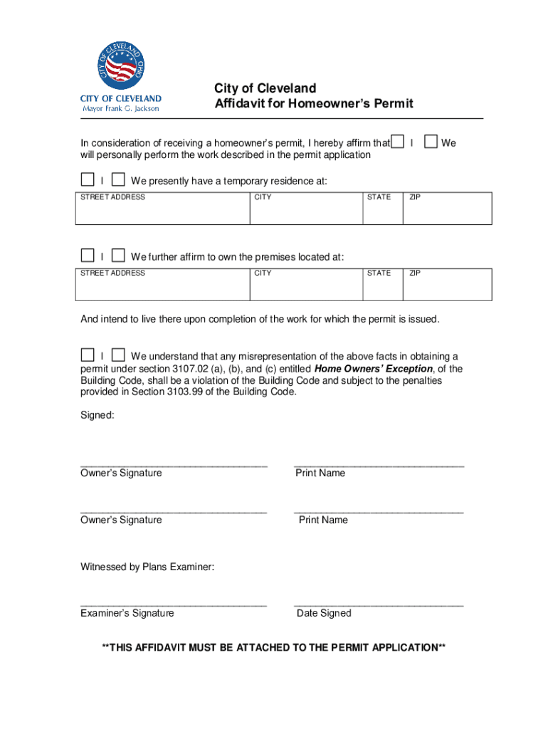 Affidavit for Home Owner&#039;s PermitCity of Cleveland  Form