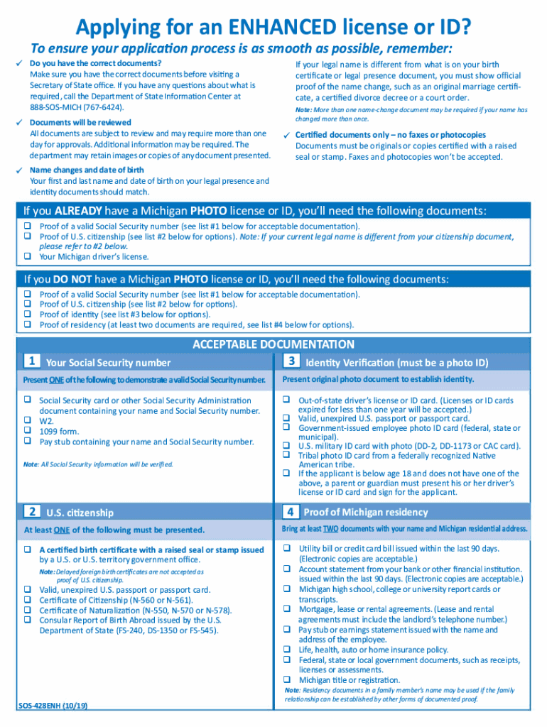  SOS 428 ENH19 Documents Needed for Enhanced License or ID 2019-2024