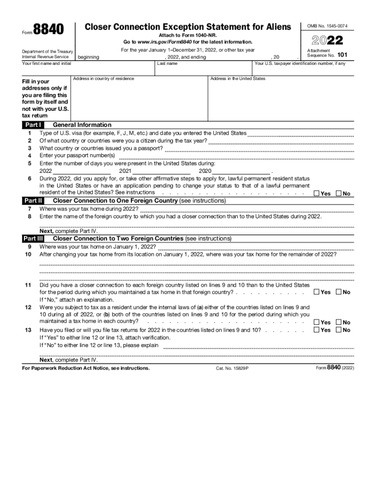  Federal Form 8840 Closer Connection Exception Statement for Aliens2020 Form 8840 IRS Tax FormsForm 8840 IRS Closer Connection Ex 2021