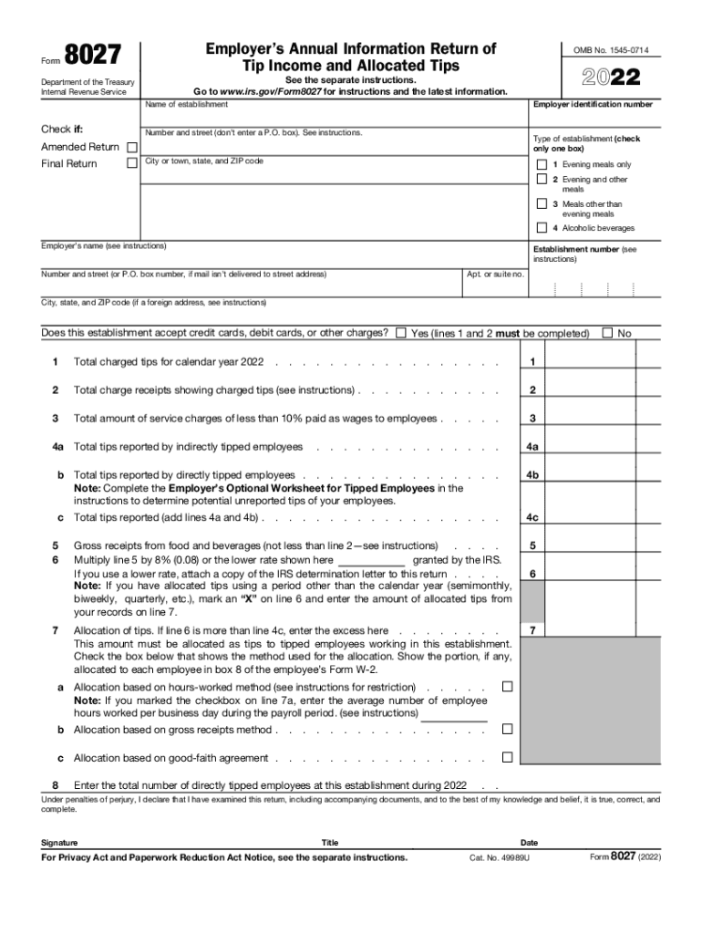  Form 8027 Employer&#039;s Annual Information Return of Tip Income and Allocated Tips 2022-2024