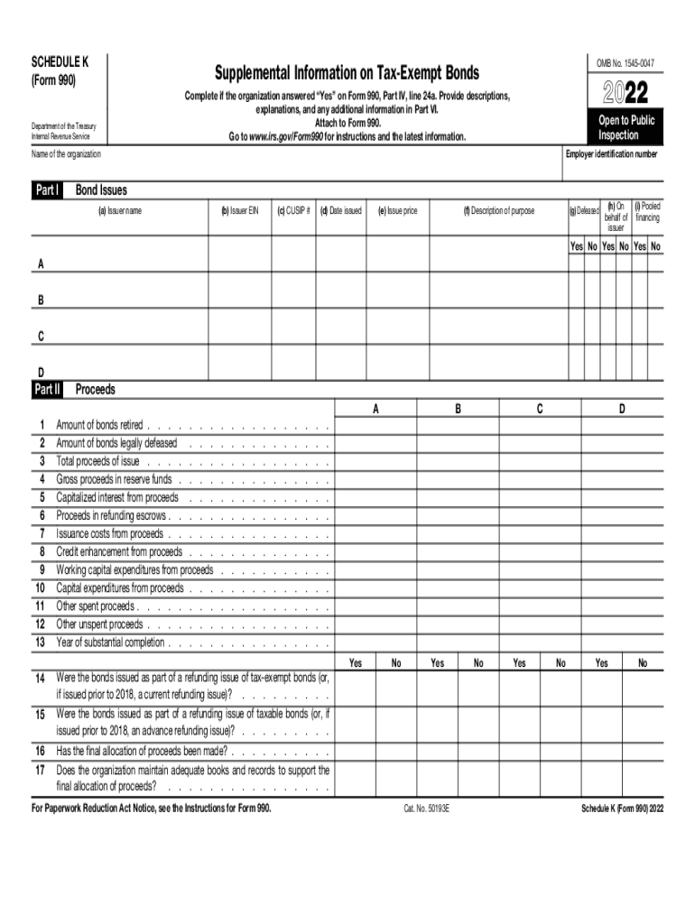  Schedule K Form 990 Supplemental Information on Tax Exempt Bonds 2022-2024