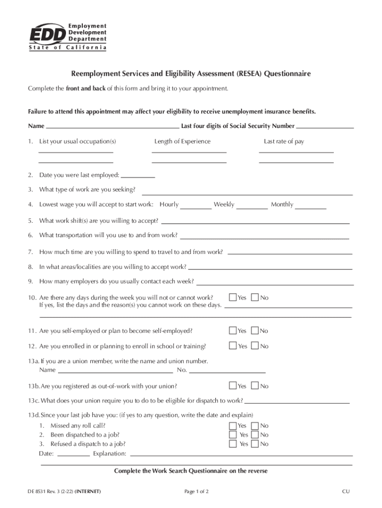  Reemployment Services and Eligibility Assessment RESEA Questionnaire DE 8531 Rev 3 2 22 2022-2024