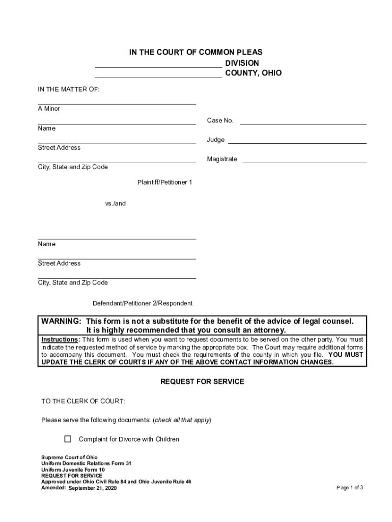 Uniform Domestic Relations Form 31Uniform Juvenile Form 10 Request for Service