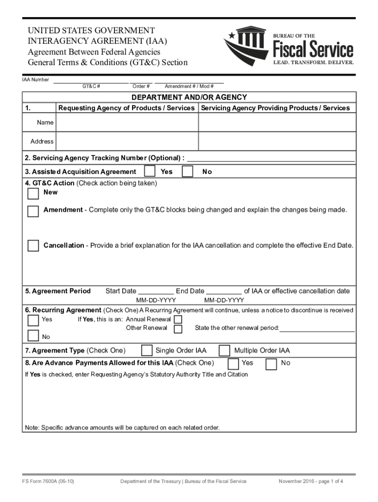  Form 7600a PDF Bureau of the Fiscal Service 2016-2024