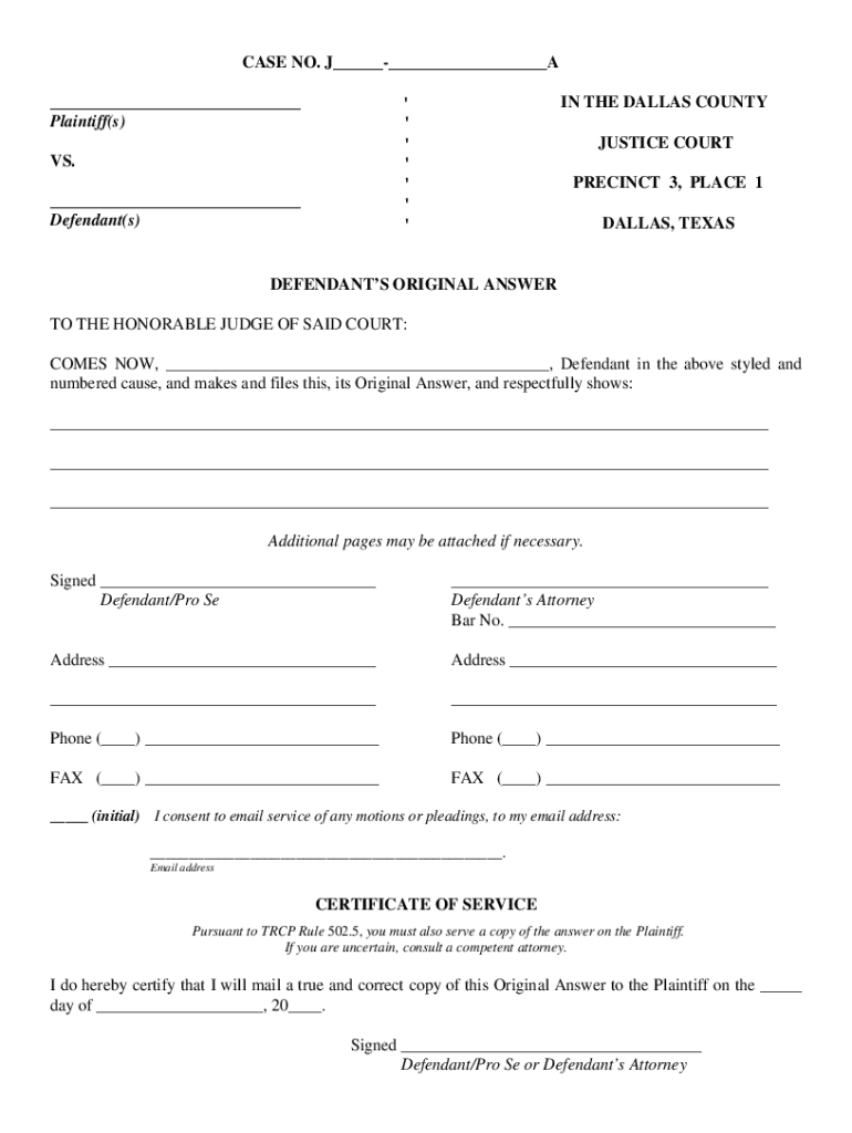 Defendant S Original Answer  Form