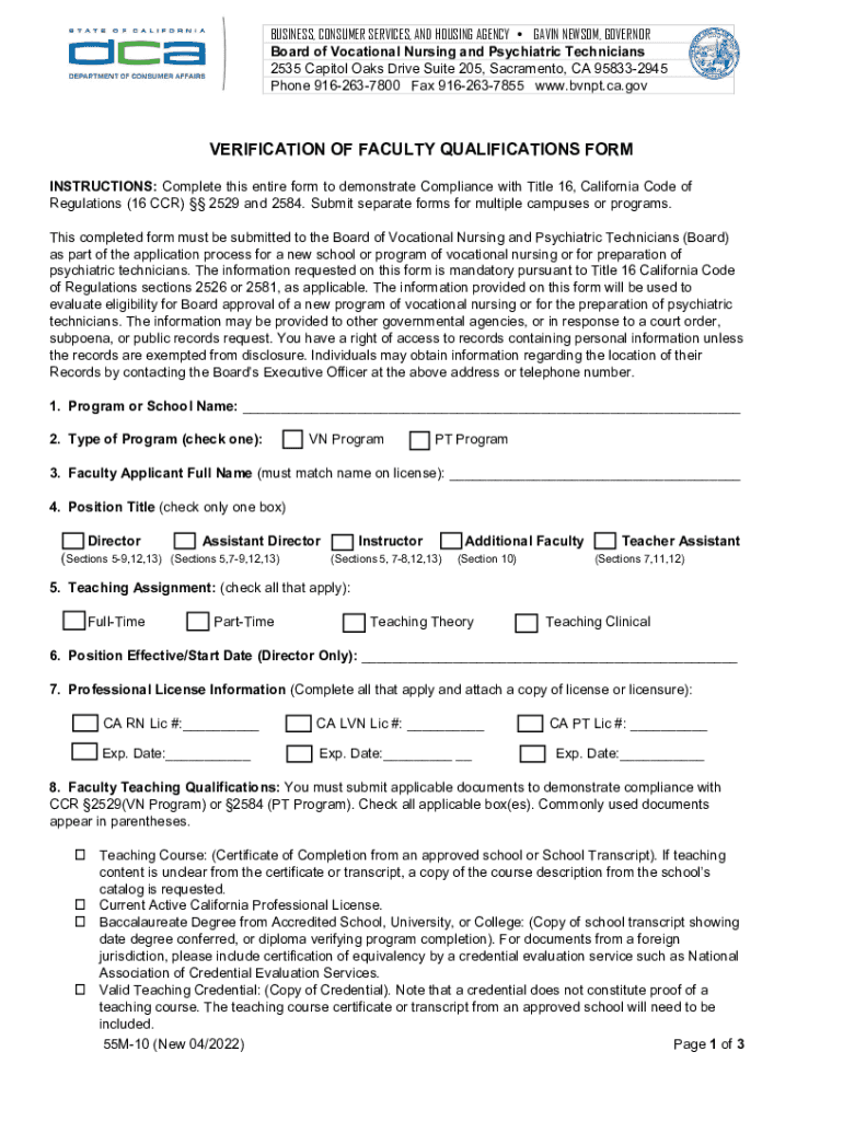  VERIFICATION of FACULTY QUALIFICATIONS FORM 2022-2024