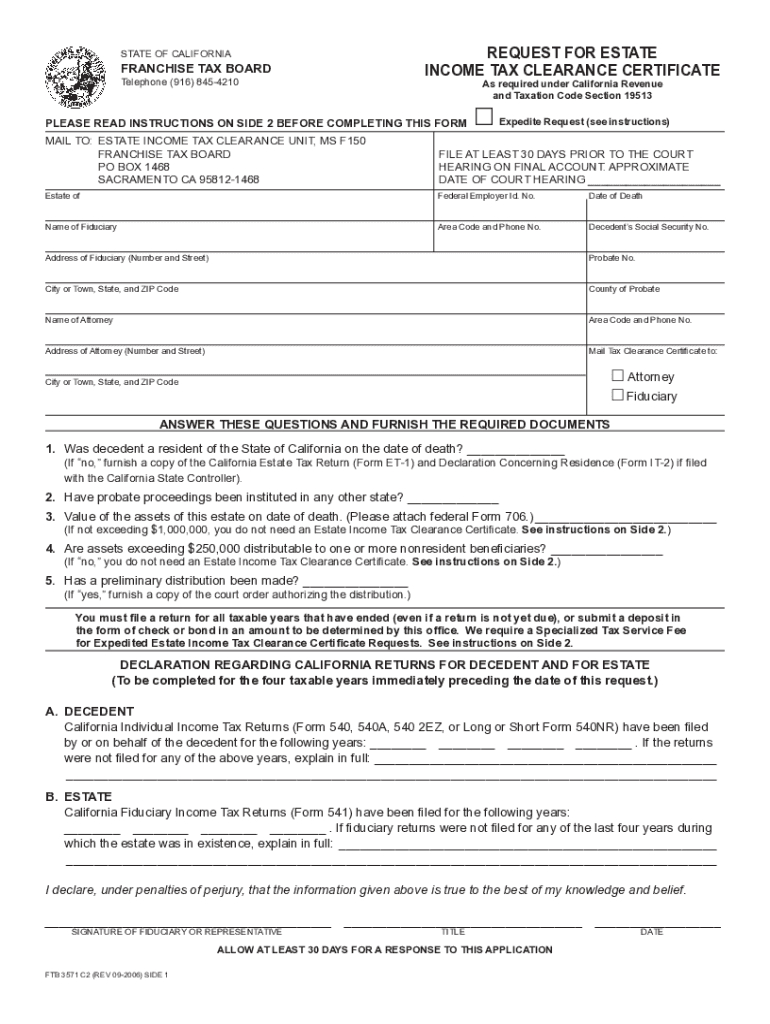  FTB 3571Request for Estate Income Tax Certificate 2006-2024