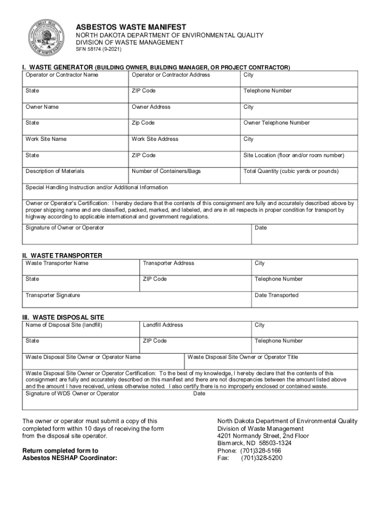 North Dakota Department of Environmental Quality Asbestos Waste Manifest North Dakota Department of Environmental Quality Divisi  Form