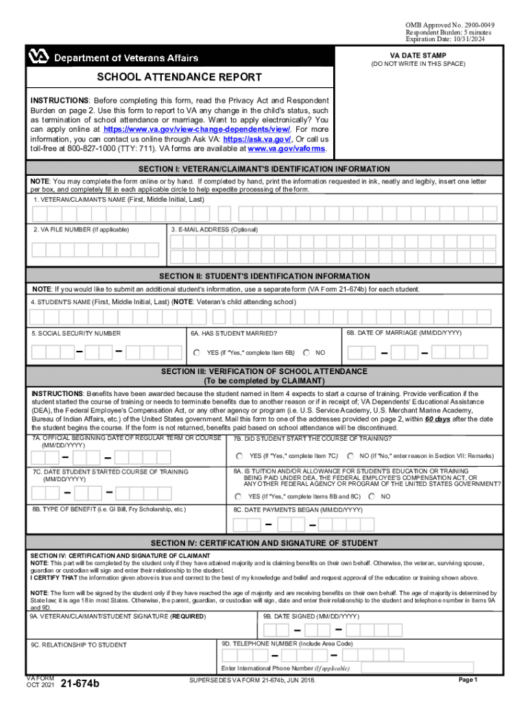  VA Form 21 674b School Attendance Report 2021-2024