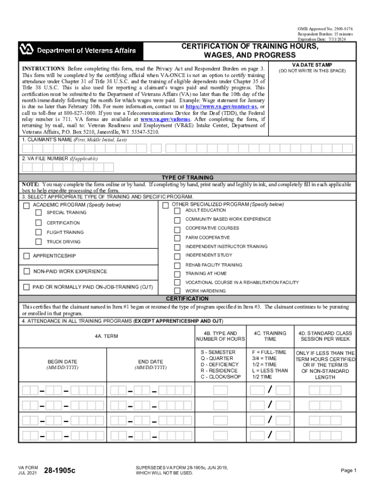 VA Form 28 1905c CERTIFICATION of TRAINING HOURS,