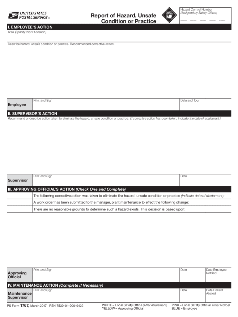  How to Report Hazards, Unsafe Conditions or Practices with PS Form 1767 2017-2024