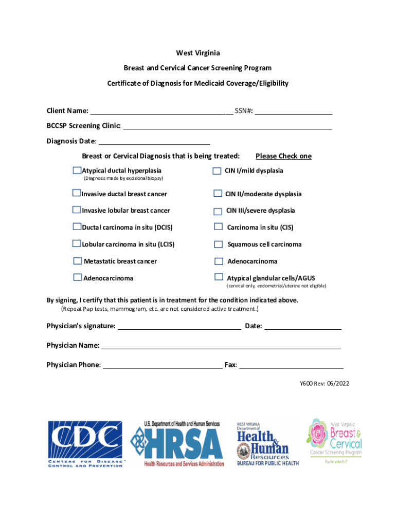 West Virginia Breast and Cervical Cancer Screening Program Certificate  Form