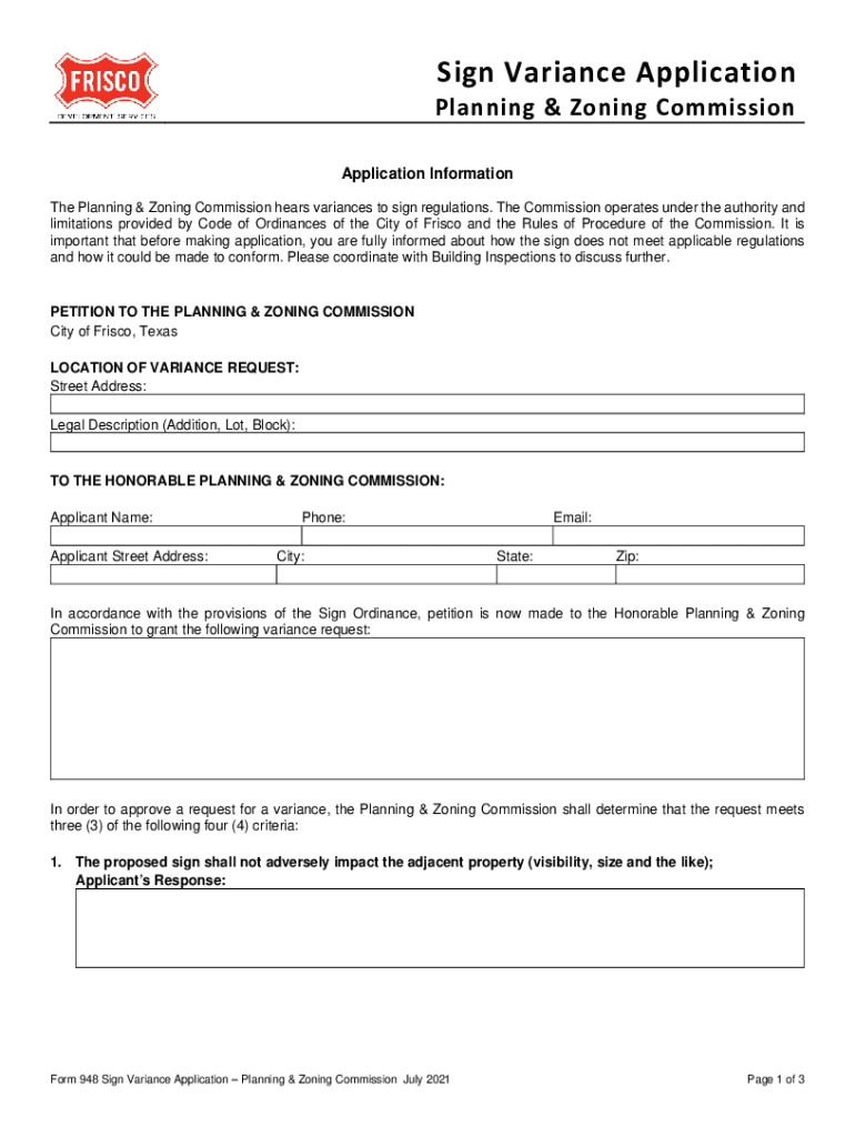 Sign Variance Application Frisco, Texas  Form