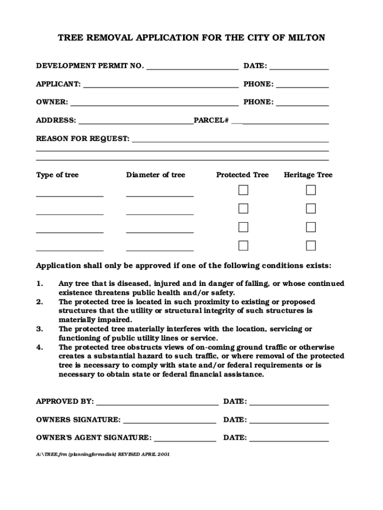 TREE REMOVAL APPLICATION for the CITY of MILTON  Form