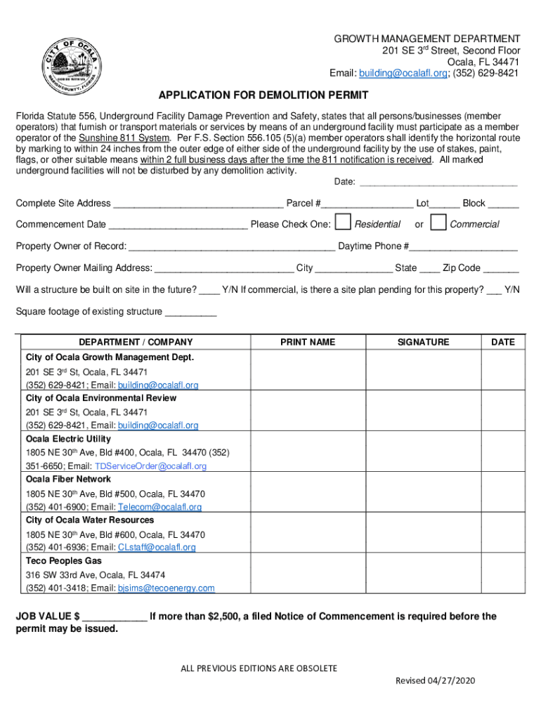 Application for Demolition Permit Application for Demolition Permit  Form