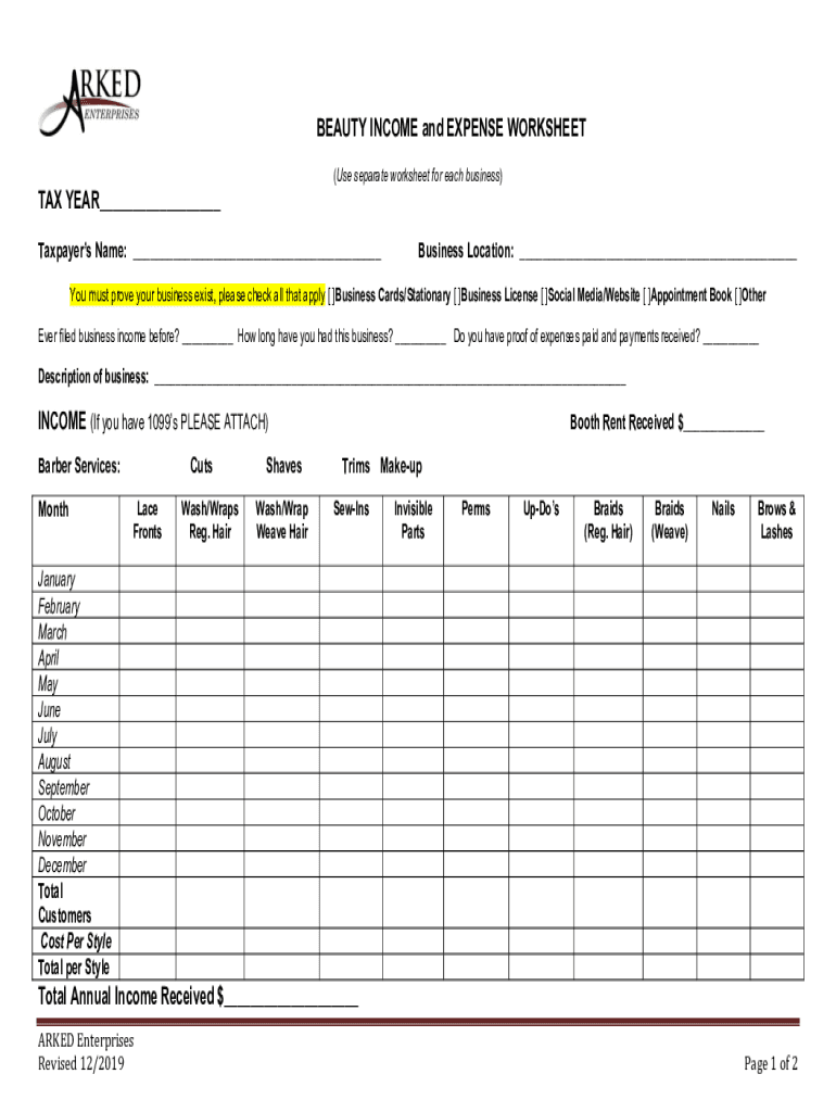  Business Income Expenses Worksheet Accounting Tax 2019-2024