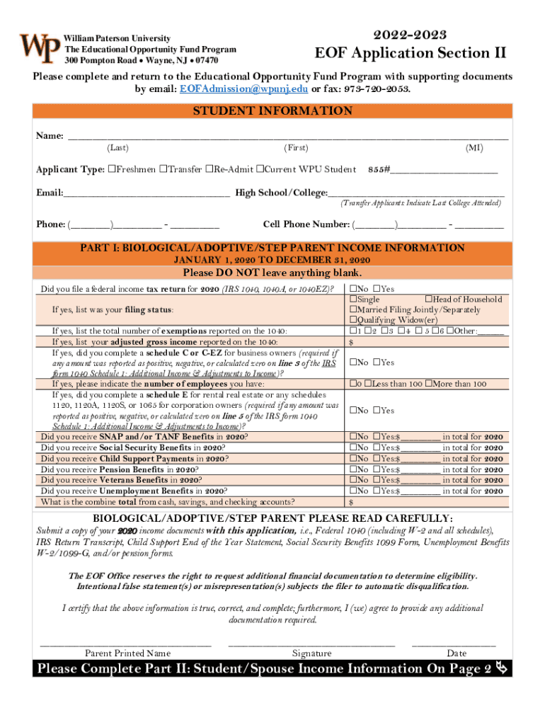 Educational Opportunity Fund Program EOF William Paterson University  Form