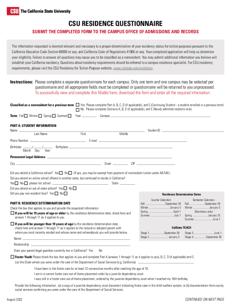  CSU Residence Questionnaire Form 2022-2024