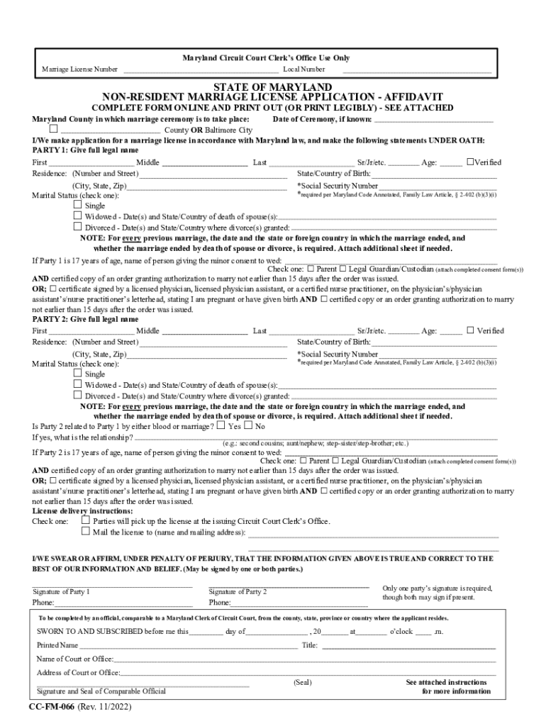  STATE of MARYLAND NON RESIDENT MARRIAGE LICENSE 2022-2024