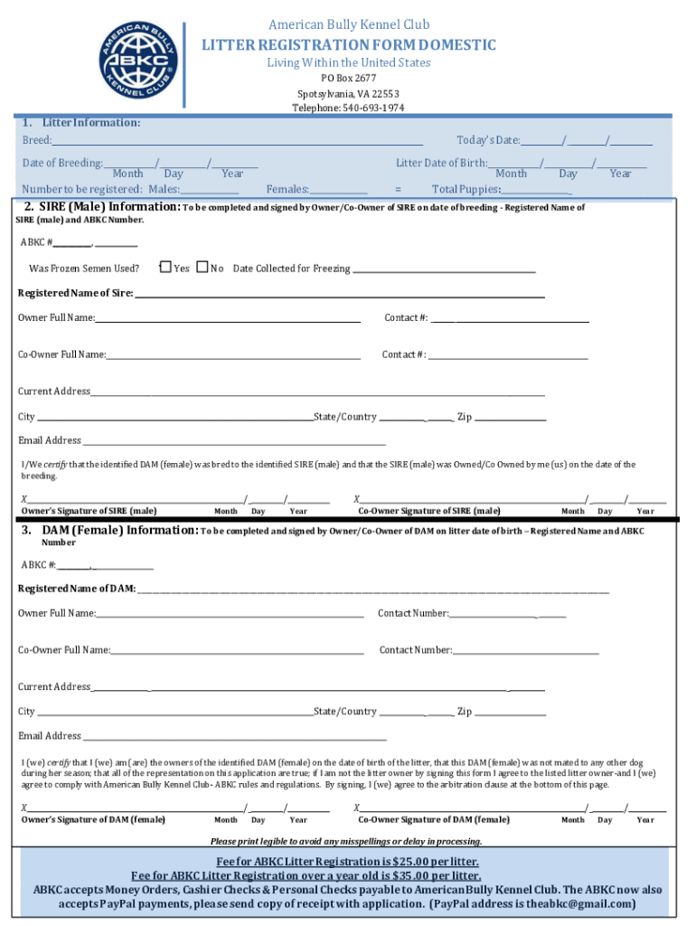  Abkc Litter Registration Form 2017-2024