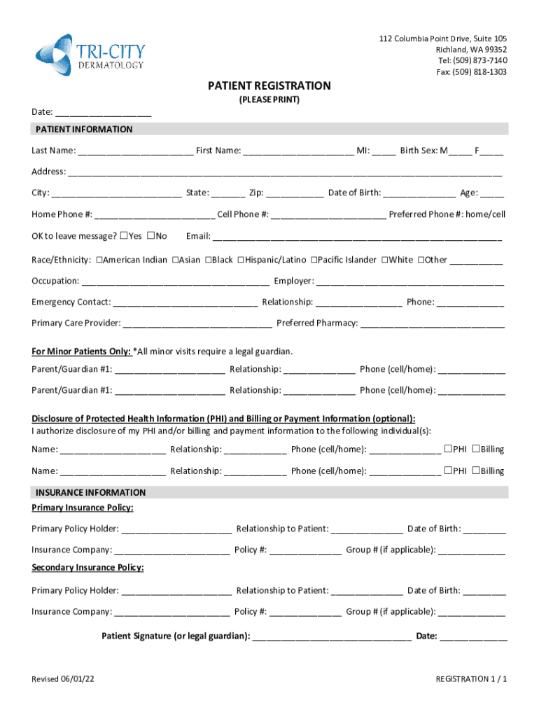 PATIENT REGISTRATION Tri City Dermatology  Form