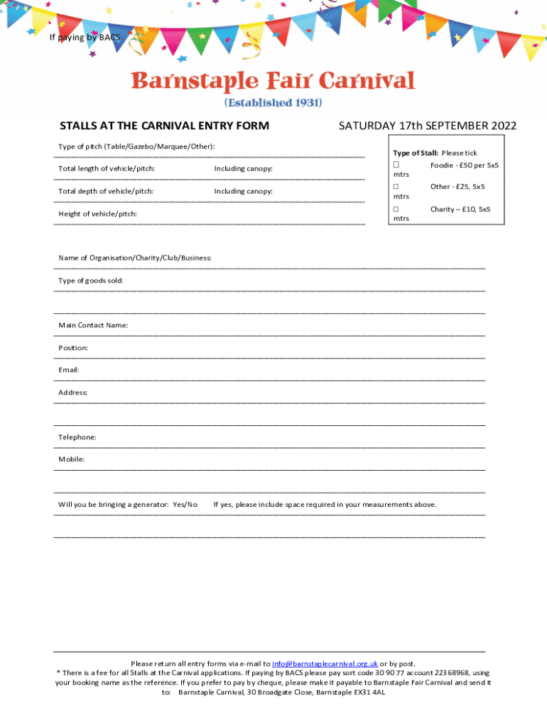 CHILDREN&#039;S CARNIVAL FANCY DRESS PARADE ENTRY FORM