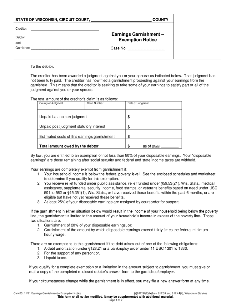Earnings Garnishment Exemption  Form