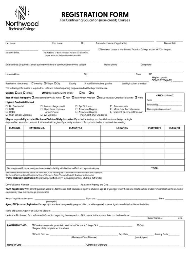  REGISTRATION FORM Northwood Technical College 2021-2024