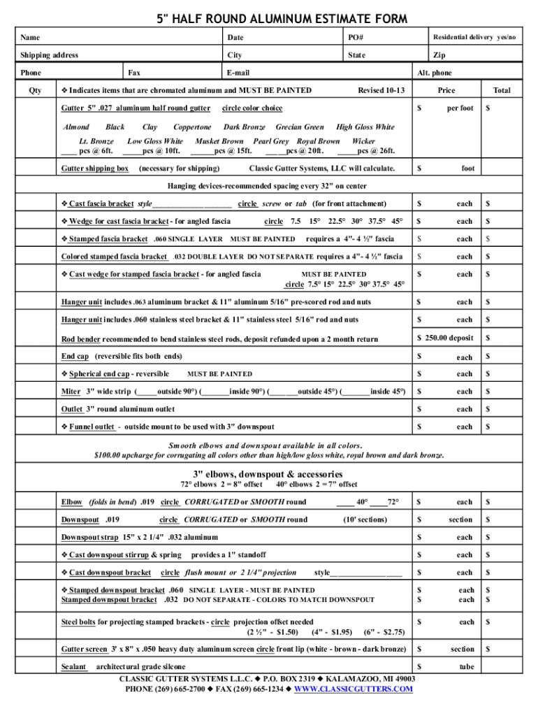 Classicgutters Com Wp Content Uploads5 HALF ROUND ALUMINUM ESTIMATE FORM Classic Gutter Systems