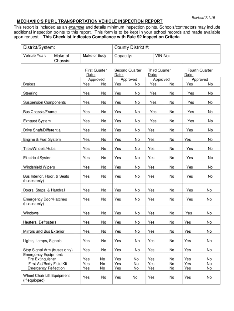 MECHANICS PUPIL TRANSPORTATION VEHICLE INSPECTION REPORT Rule 92 3704  Form