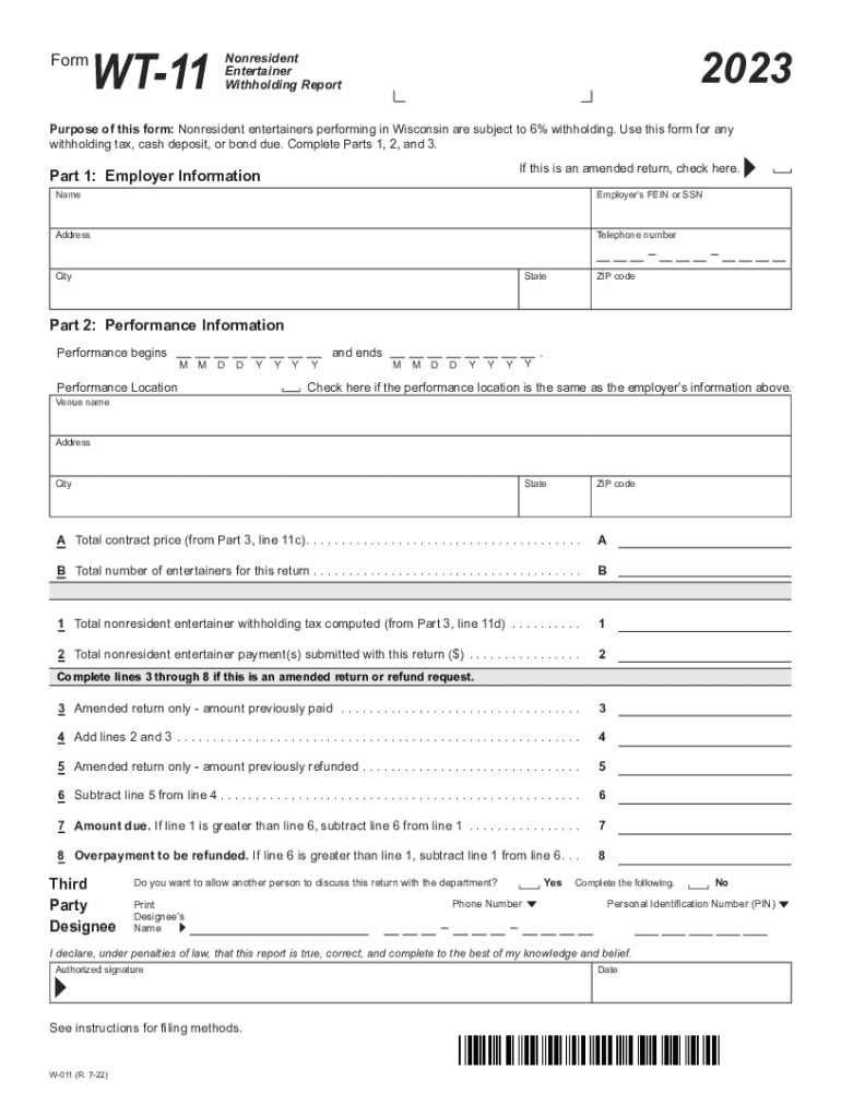 W 011 Form WT 11 Nonresident Entertainer Withholding Report