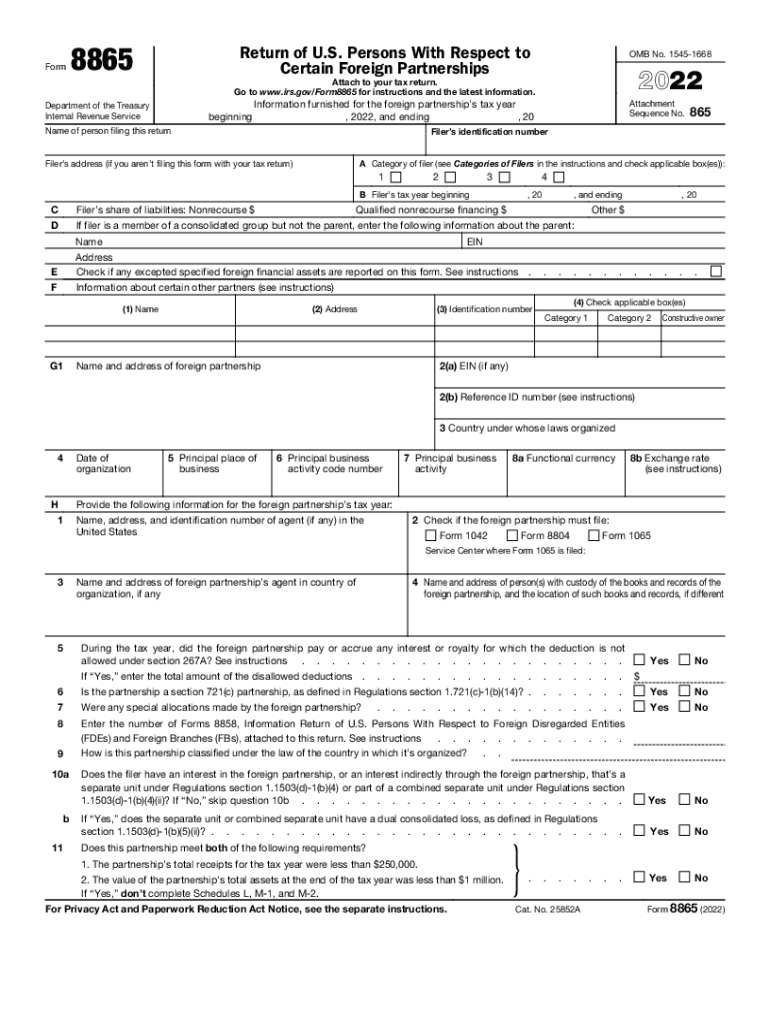  Form 8865 Return of U S Persons with Respect to Certain Foreign Partnerships 2022