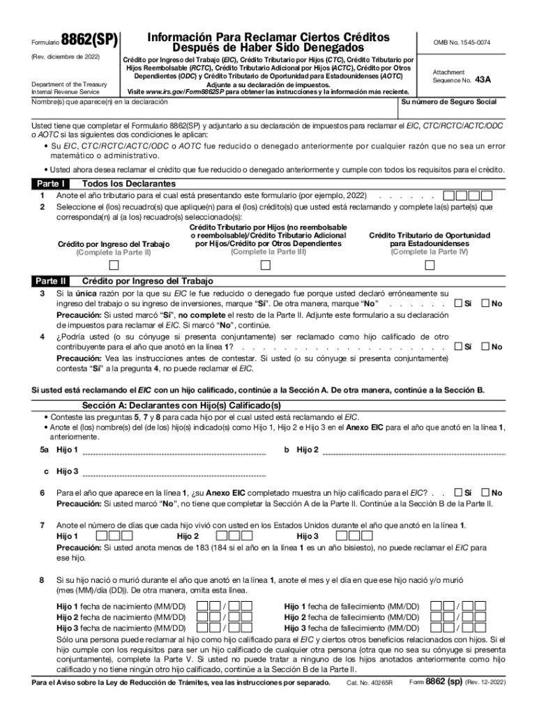  Form 8862SP Rev December Information to Claim Earned Income Credit After Disallowance Spanish Version 2023